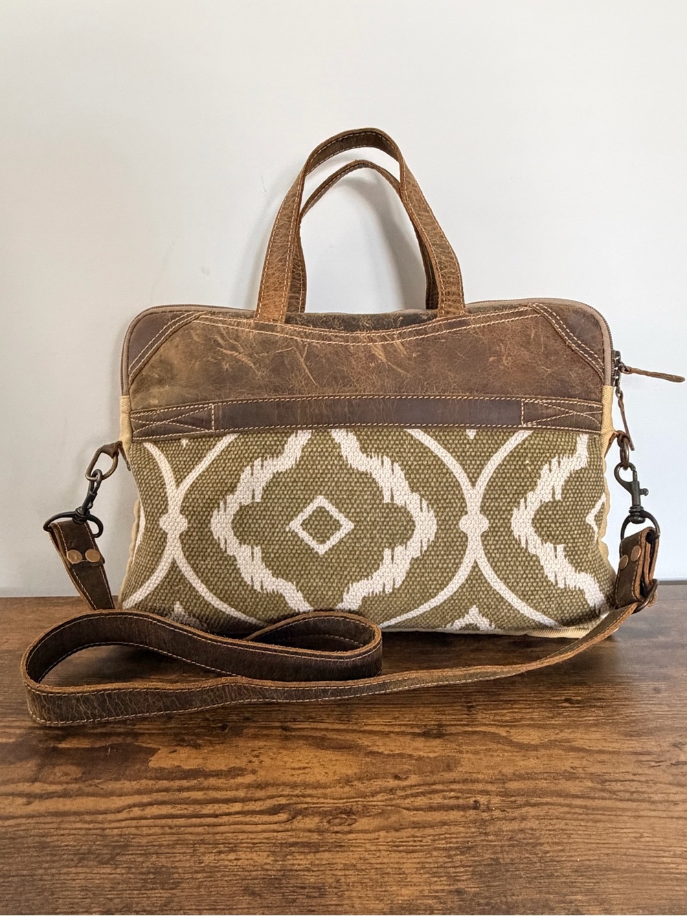 Myra Bag Molten Ikat Canvas Leather Messenger Crossbody Olive Cream Brown